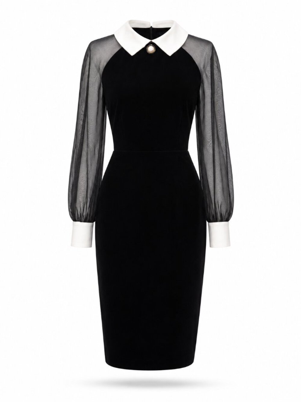 Vintage Nipton Petites Black Velvet Sheer-Sleeve Midi Dress w/ Collar  Size 6